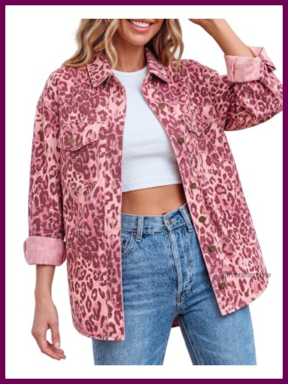 Oversized Cheetah Print Denim Shacket Button Down Jean Jacket